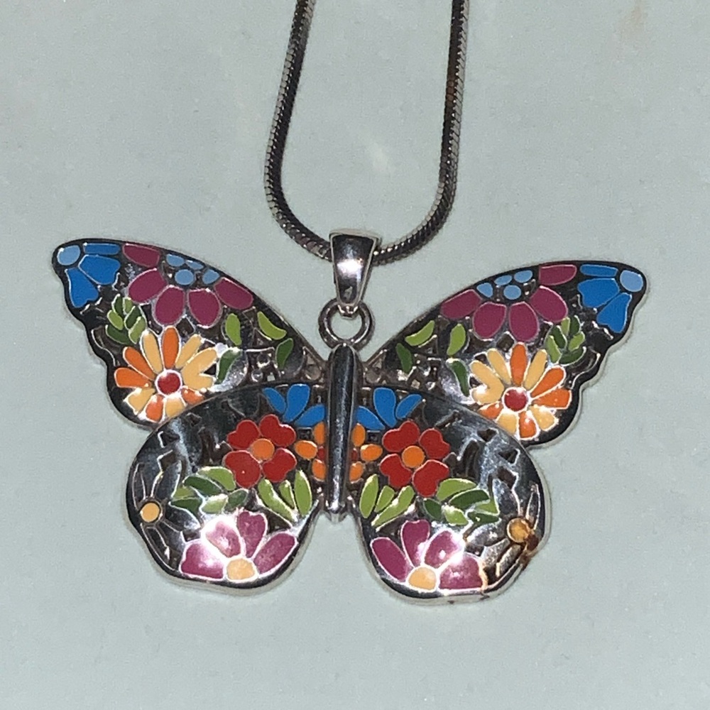 Brighton Multicolor Floral Butterfly Silver Necklace and Bag - Like New